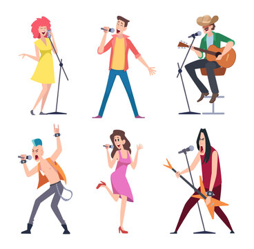Singers. Active perform people musicians with microphone exact vector singers in action poses cartoon people