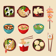 Asian food. Authentic chinese or asian cousine products wok noodles fish recent vector cartoon illustrations set