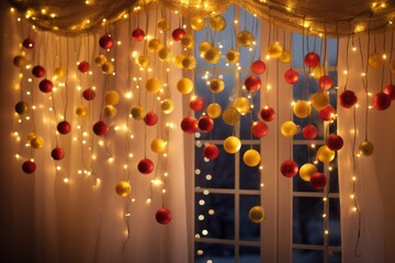 Festive window with a curtain adorned with colorful christmas balls