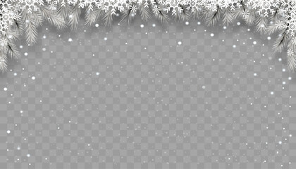 Christmas background,Winter backdrop with Christmas fir tree branches snow flakes border frame,snow falling on transparent background,Vector banner for Merry Christmas and Happy New Year 2024 - obrazy, fototapety, plakaty