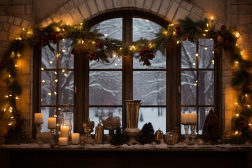 Festive window display with candles and christmas wreaths