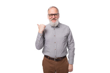 Fototapeta premium doubtful elderly boss man with white beard and mustache dressed in shirt and pants thoughtful
