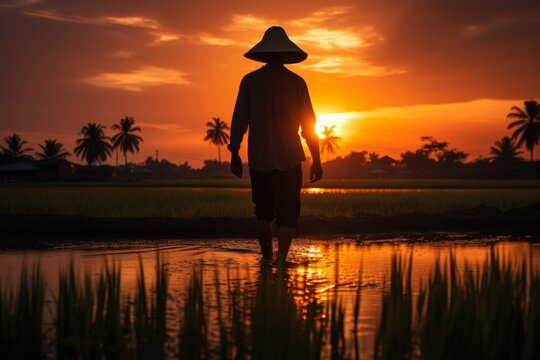 Farmer's silhouette against the backdrop of a stunning paddy field sunset