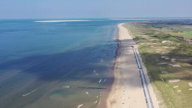 Drone shot, drone flight over the beach, the North Sea coast and the Roompot holiday homes beach houses directly on the beach, North Holland, Julianadorp, Den Helder, Netherlands