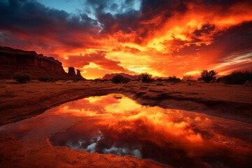 Fototapeta premium Fiery sunset over a desert landscape, casting warm hues across the scene