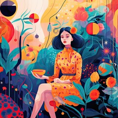 Flat illustration of a lady wearing elegant vivid dress and holding a cup in her hand. Young woman surrounded by bright colors. Abstract art. Elegance. Garment. Conceptual art