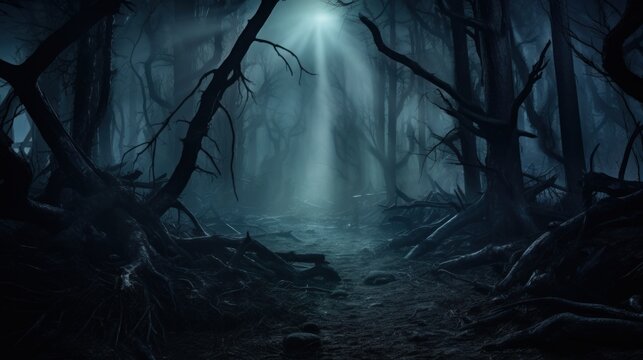Haunted forest with fog and glowing eyes peering from the shadows, creating a chilling and atmospheric Halloween scene