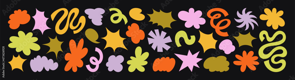 Wall mural abstract retro shapes and funky groovy forms. vector geometric stickers with different elements