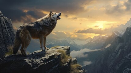 Lone wolf howling on a cliff edge, evoking a sense of solitude and freedom