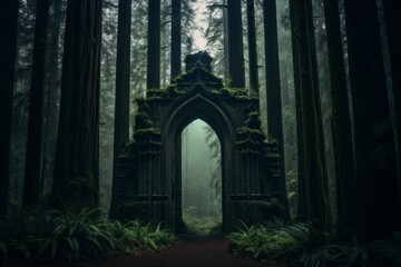 Obraz premium Majestic forest cathedral with towering trees forming a natural arch