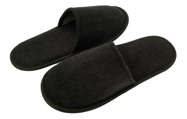 Soft black home or spa slippers isolated on white background with clipping path. Blank, no label, mock up for your design logo. Black hotel slippers or sandals.