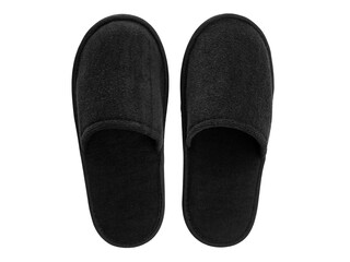 Soft black home or spa slippers isolated on white background with clipping path. Blank, no label, mock up for your design logo. Flat lay , top view of black hotel slippers or sandals.