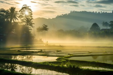 Paddy fields drenched in the golden light of early morning, radiating serenity