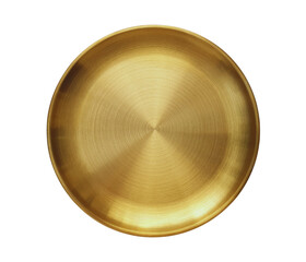 Top view of golden plate isolated on white background with clipping path. Empty gold round flat...