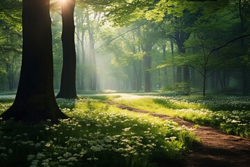 Peaceful forest glade bathed in soft sunlight, a true natural beauty