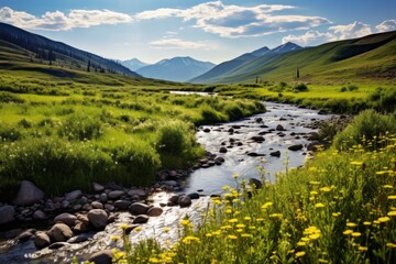 Peaceful river meandering through a valley dotted with wildflowers