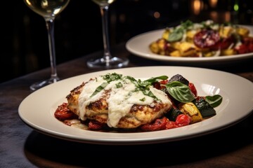 Plates of chicken parmigiana accompanied by roasted vegetables