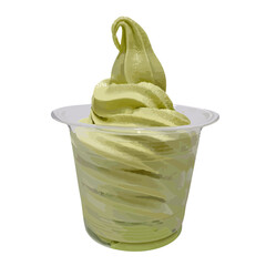 Green tea frozen yogurt in takeaway transparent plastic cup isolated on white background with clipping path and copy space. Pistachio Matcha soft ice cream. No label, mockup mock up template. - obrazy, fototapety, plakaty