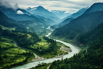 Pristine river carving through lush valleys, a captivating natural view
