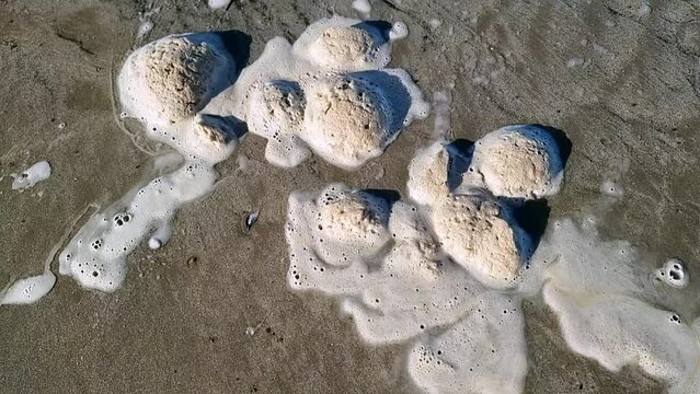 Dirty sea foam froth slowly moving across sandy Welsh beach with tide waves bubbles