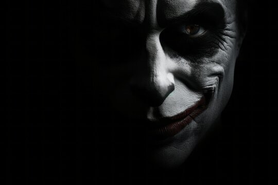 Sinister clown face hidden in the darkness on a dark background.