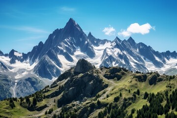 Fototapeta na wymiar Towering peaks and alpine meadows under a brilliant blue sky