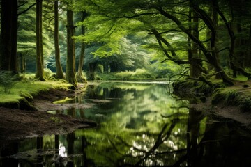 Fototapeta na wymiar Serene river flowing through a vibrant and verdant forest