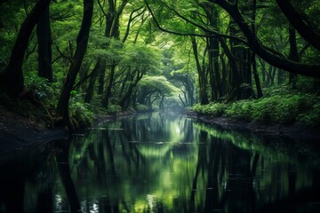 Fototapeta na wymiar Verdant forest and still waters reflecting the surrounding beauty