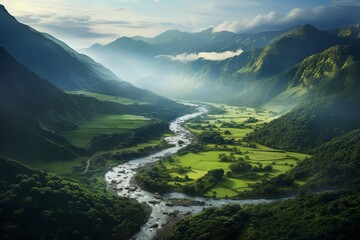 Verdant valley with a meandering river, capturing the essence of a natural landscape