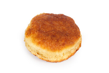 Fried pancake close-up on white background. One homemade pancake.