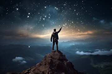 Visualization of a person's silhouette standing on a mountaintop, reaching for the stars of imagination - obrazy, fototapety, plakaty