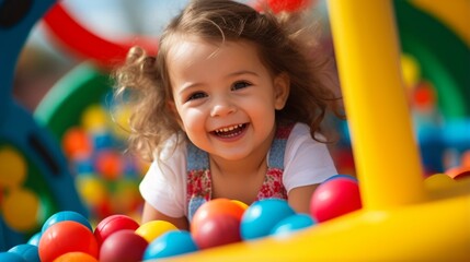 A joyful child playing on a colorful playground - obrazy, fototapety, plakaty