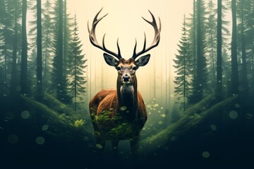 deer and green forest double exposure. Generative AI