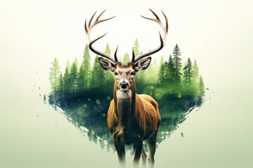 deer and green forest double exposure. Generative AI