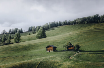 Fototapeta premium Trento, Trentino-South Tyrol, Italy Wooden Cabins on Hill in Mountain Landscape 