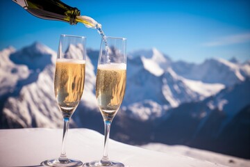 champagne glasses  and snowy peaks in background  New Year, Generative AI - obrazy, fototapety, plakaty
