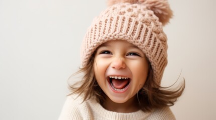 A young child giggling uncontrollably with a funny hat