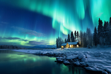 Aurora borealis in nordic landscape, AI generated - obrazy, fototapety, plakaty
