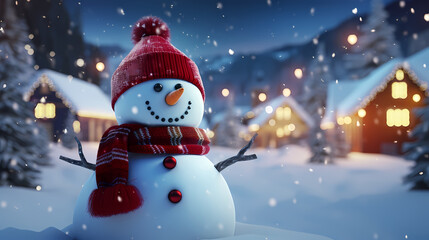 Naklejka na ściany i meble Winter holiday christmas background banner. Cute funny laughing snowman with wool hat and scarf, on snowy snow
