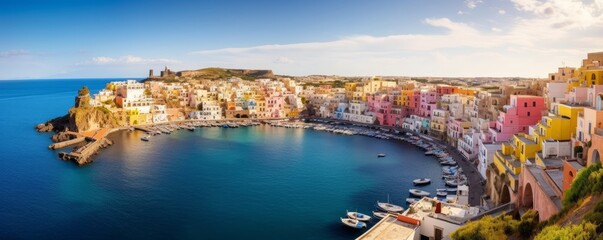 beautiful italian island procida famous for its colorful marina, tiny narrow streets and many beaches, Generative AI - obrazy, fototapety, plakaty
