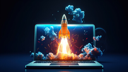 
startup growth Rocket Takes off From the Laptop - obrazy, fototapety, plakaty