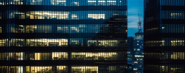 Fototapeta na wymiar business office windows at night Corporate building London City England, Generative AI