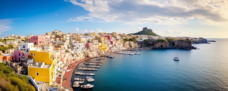 Fototapeta beautiful italian island procida famous for its colorful marina, tiny narrow streets and many beaches, Generative AI