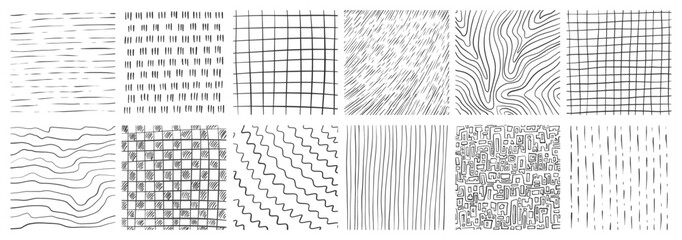 Set of hand drawn texture with different pencil patterns. Crosshatch, rain, wood, wave and lines. Vector illustration on white background