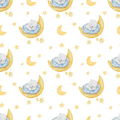 Seamless pattern with cute polar baby bear sleeping on moon. Watercolor cartoon hand drawn childish pattern for kids or newborn. Funny little animal on white background