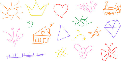 Fun colorful line doodle pattern. Creative art children or childish skribbl design with basic shapes. Vector illustration