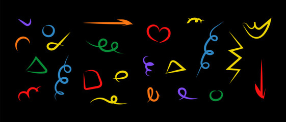 Fun colorful line doodle pattern. Creative art children or childish skribbl design with basic shapes. Vector illustration