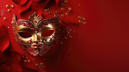 Festive Venetian carnival mask with gold decorations on red background.