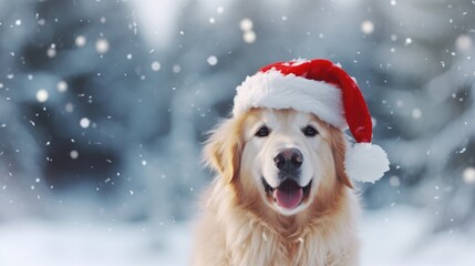 Labrador dog with a Christmas hat in a winter landscape.