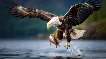 Fototapeta premium Flying blad eagle above the lake with fish, Haliaeetus leucocephalus